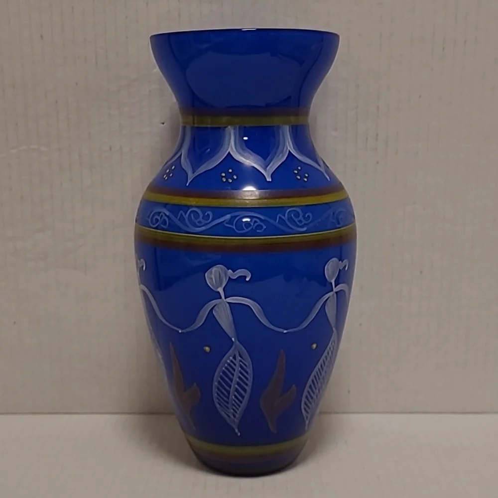 Vintage Colbalt Blue Handpainted Glass Vase